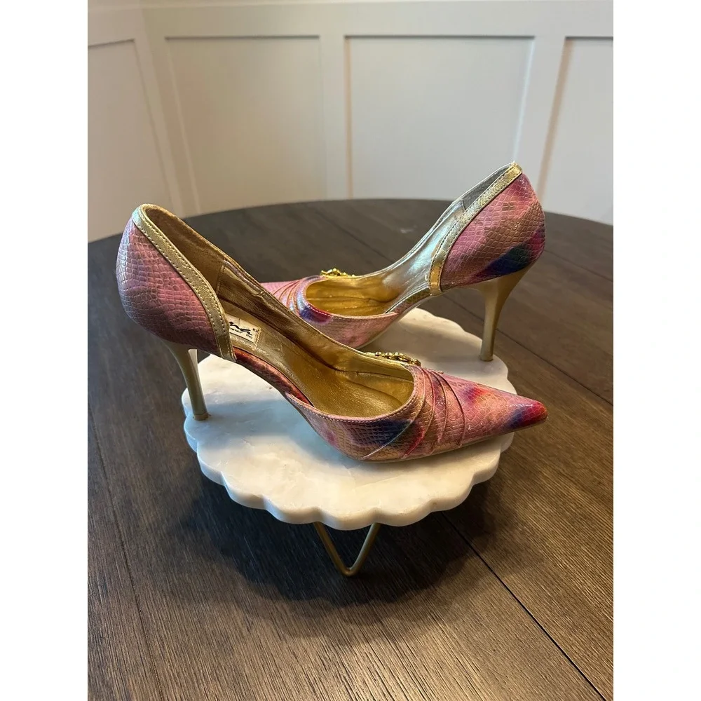 Sparkling Pink Gold Snakeskin Pointed Toe‎ Stiletto Heels Women's Size 38